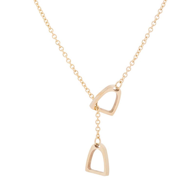 QIAN0813 Lucky Horse Shoe Necklaces Equestrian Double Horse Stirrups Lariat Y Necklaces Pendant for Women Gift (Gold)